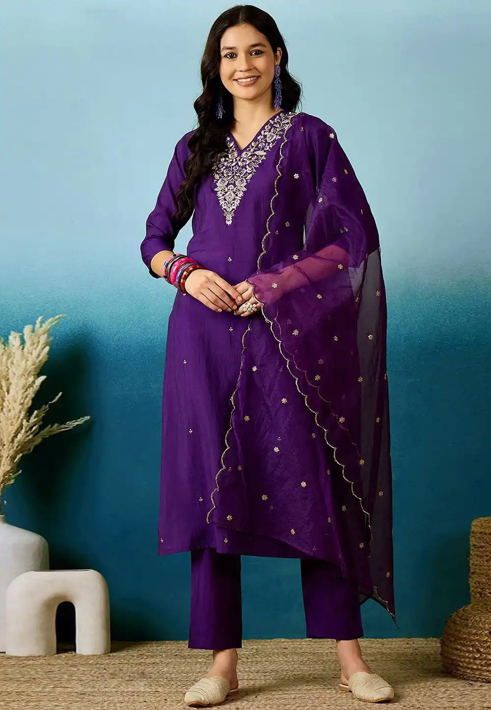 Violet Chanderi Readymade Pakistani Suit 291652