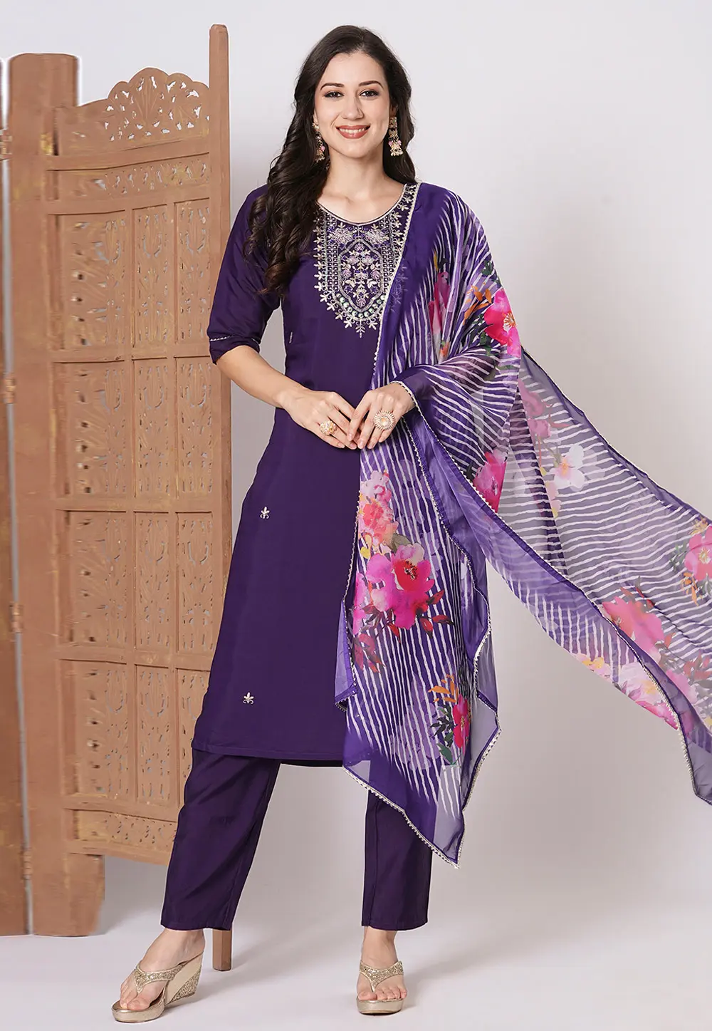 Violet Chanderi Readymade Pant Style Suit 300341