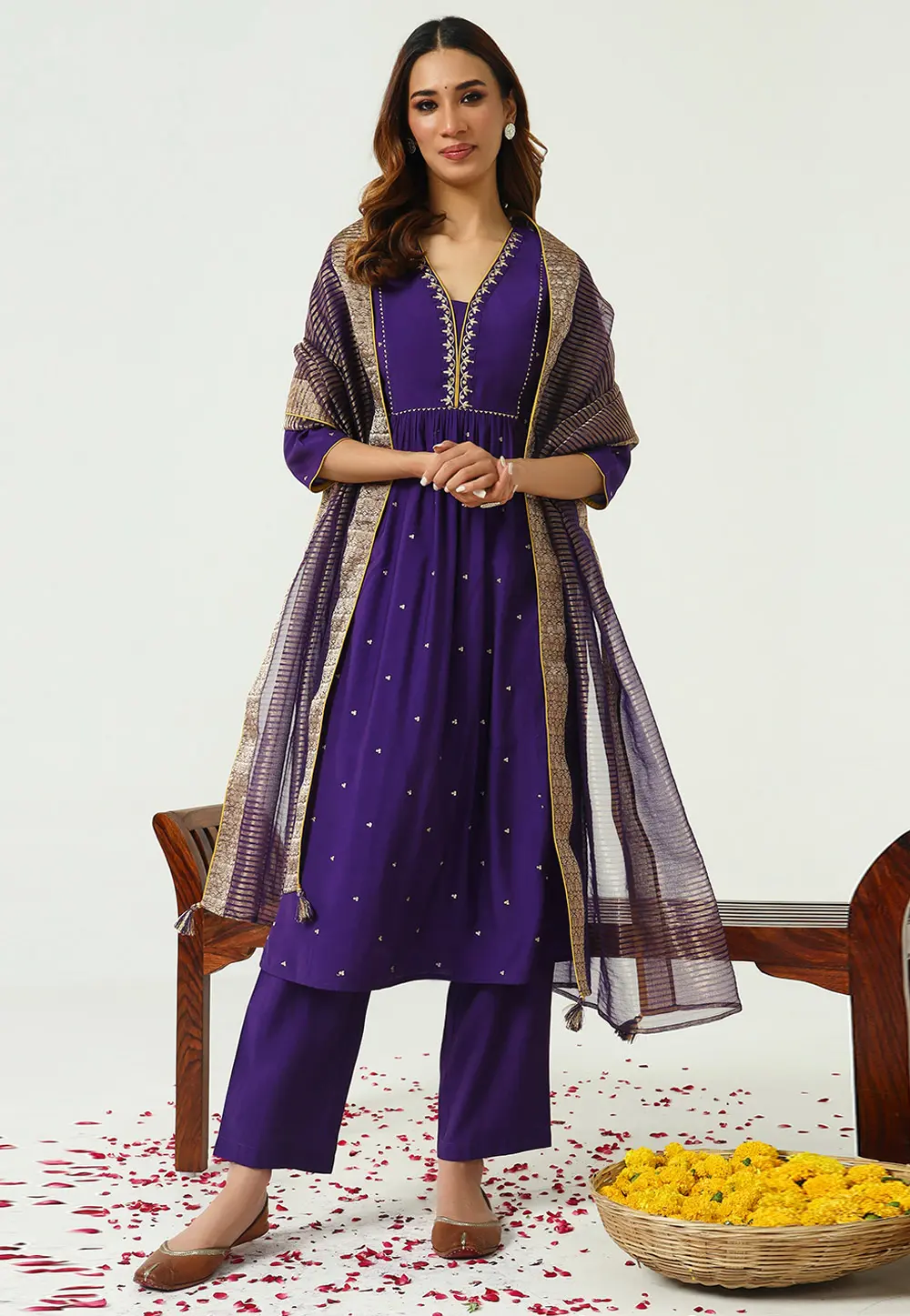 Violet Chanderi Readymade Pant Style Suit 300841