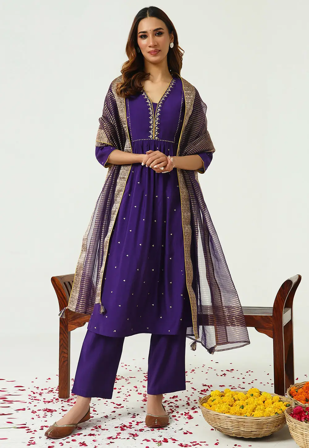 Violet Chanderi Readymade Pant Style Suit 297065