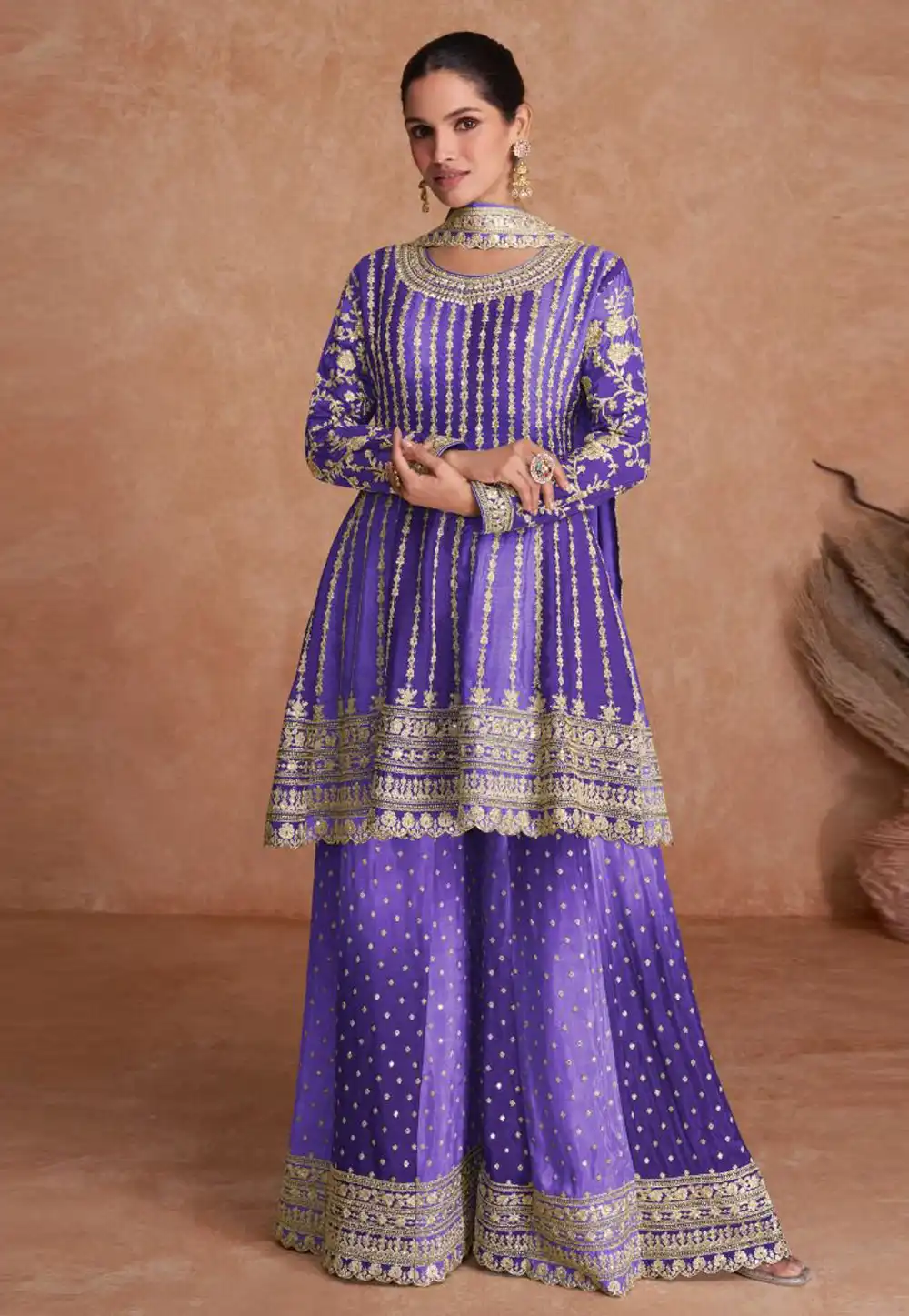 Violet Chinon Embroidered Palazzo Suit 292156