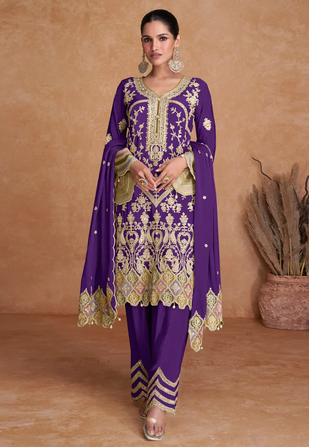 Violet Chinon Embroidered Pant Style Suit 297575