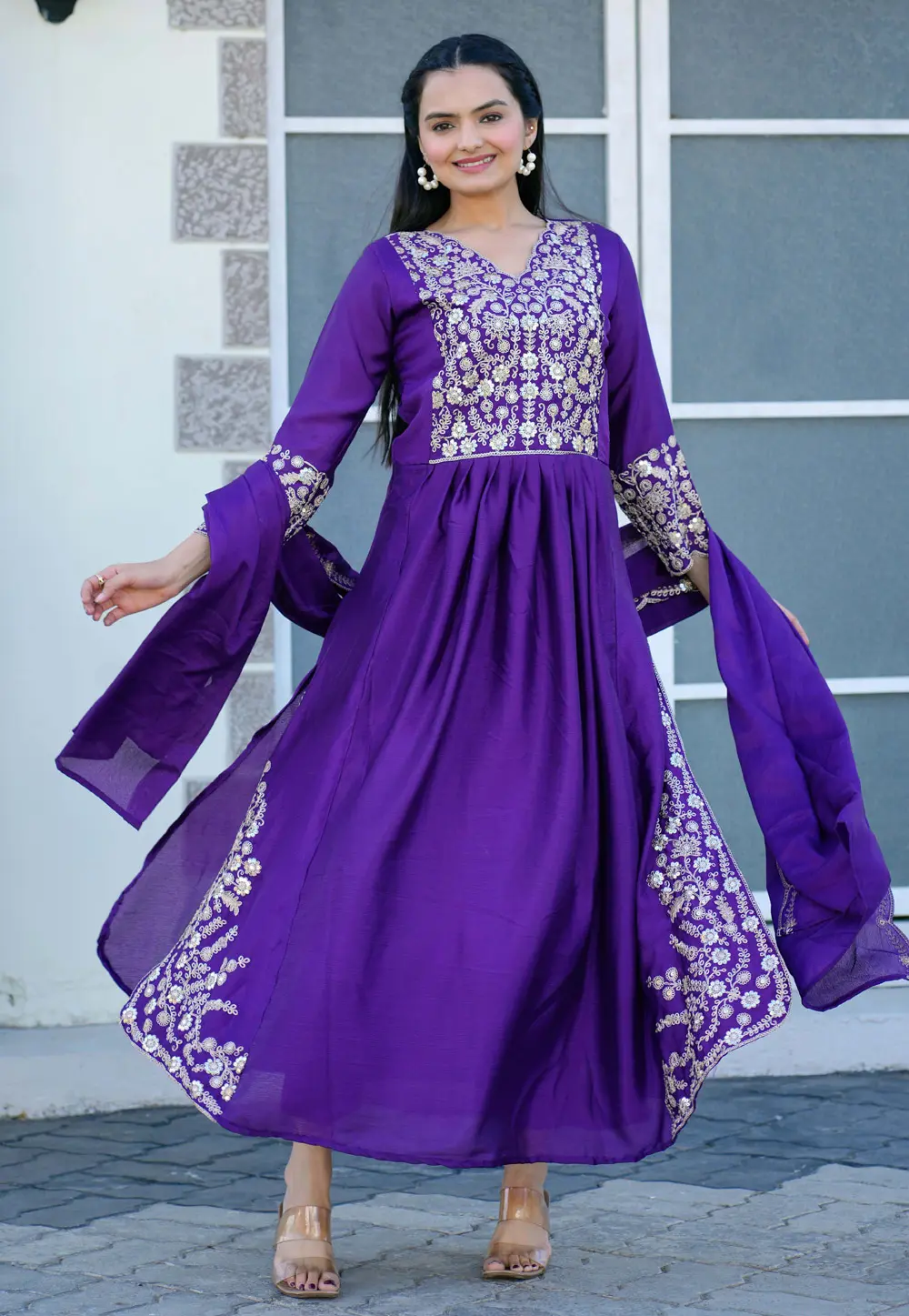 Violet Chinon Readymade Long Anarkali Suit 303379