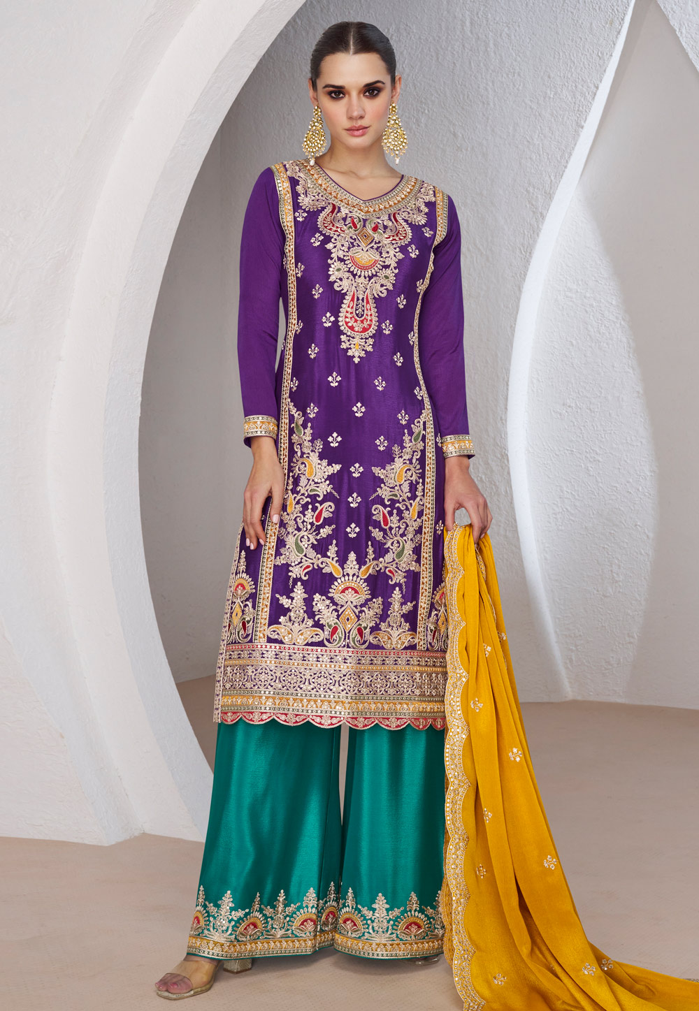 Violet Chinon Silk Embroidered Pakistani Suit 285879
