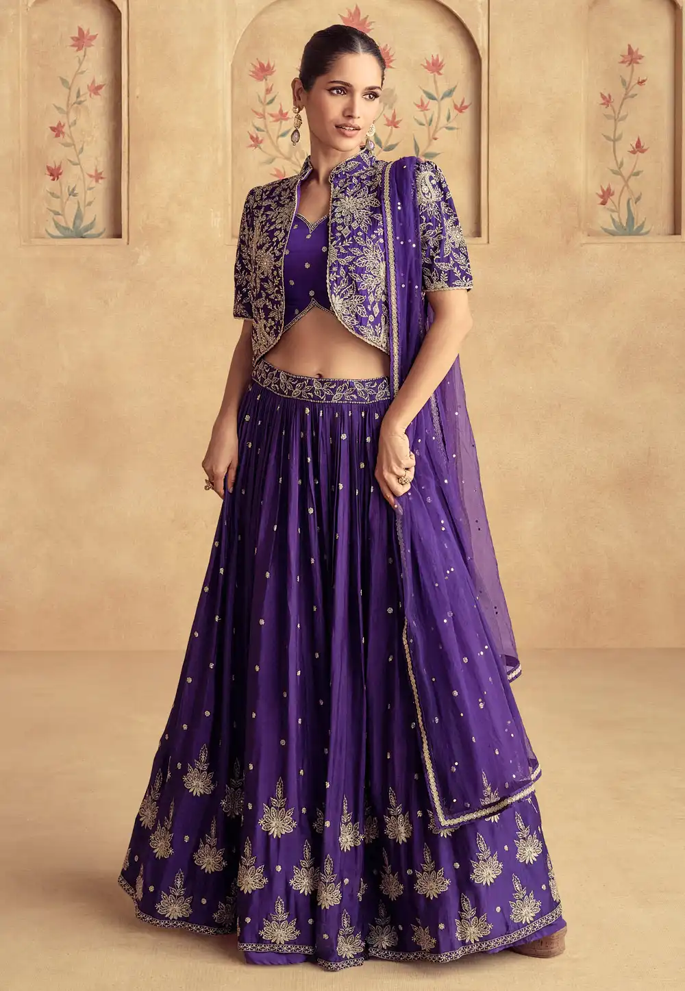 Violet Chinon Silk Jacket Style Lehenga Choli 294435