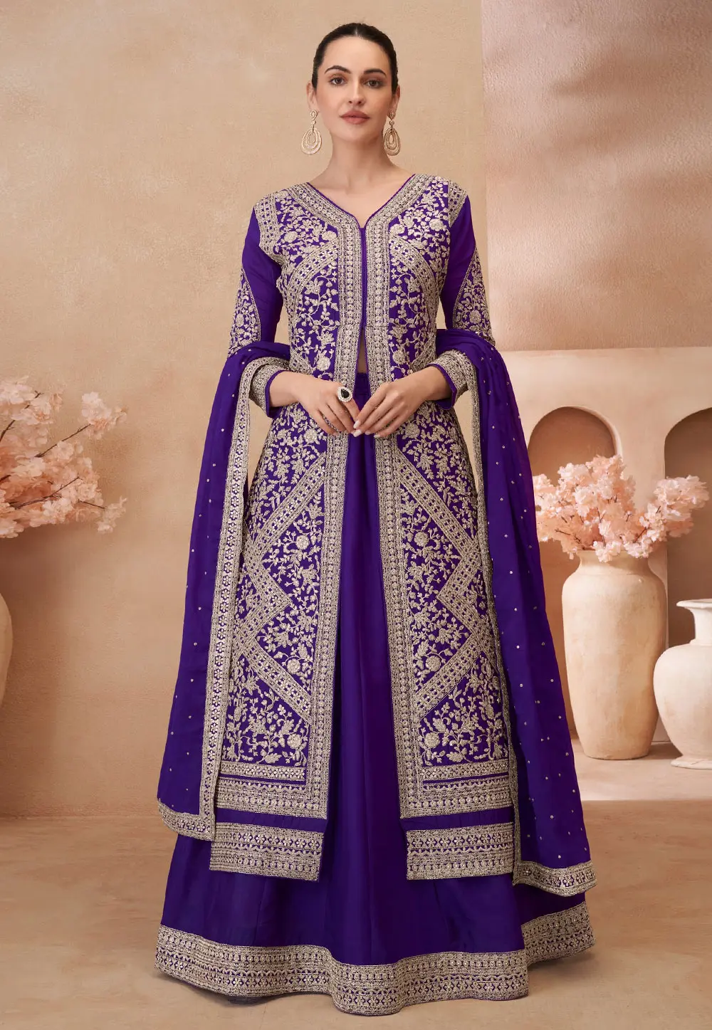 Violet Chinon Silk Long Choli Lehenga 303682