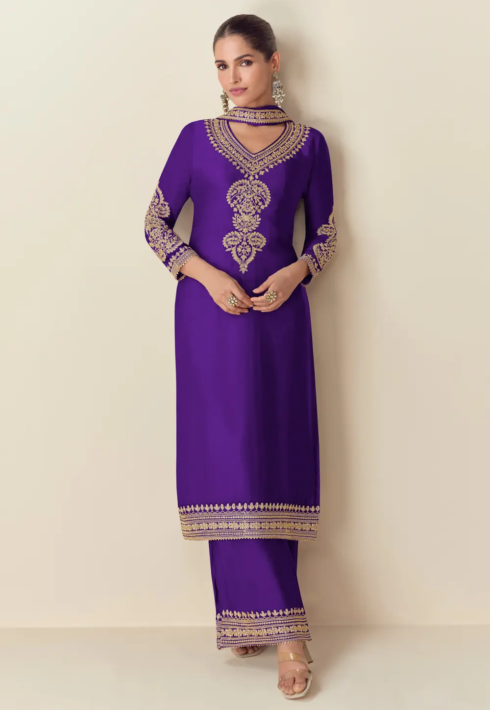 Violet Chinon Silk Pakistani Suit 301576