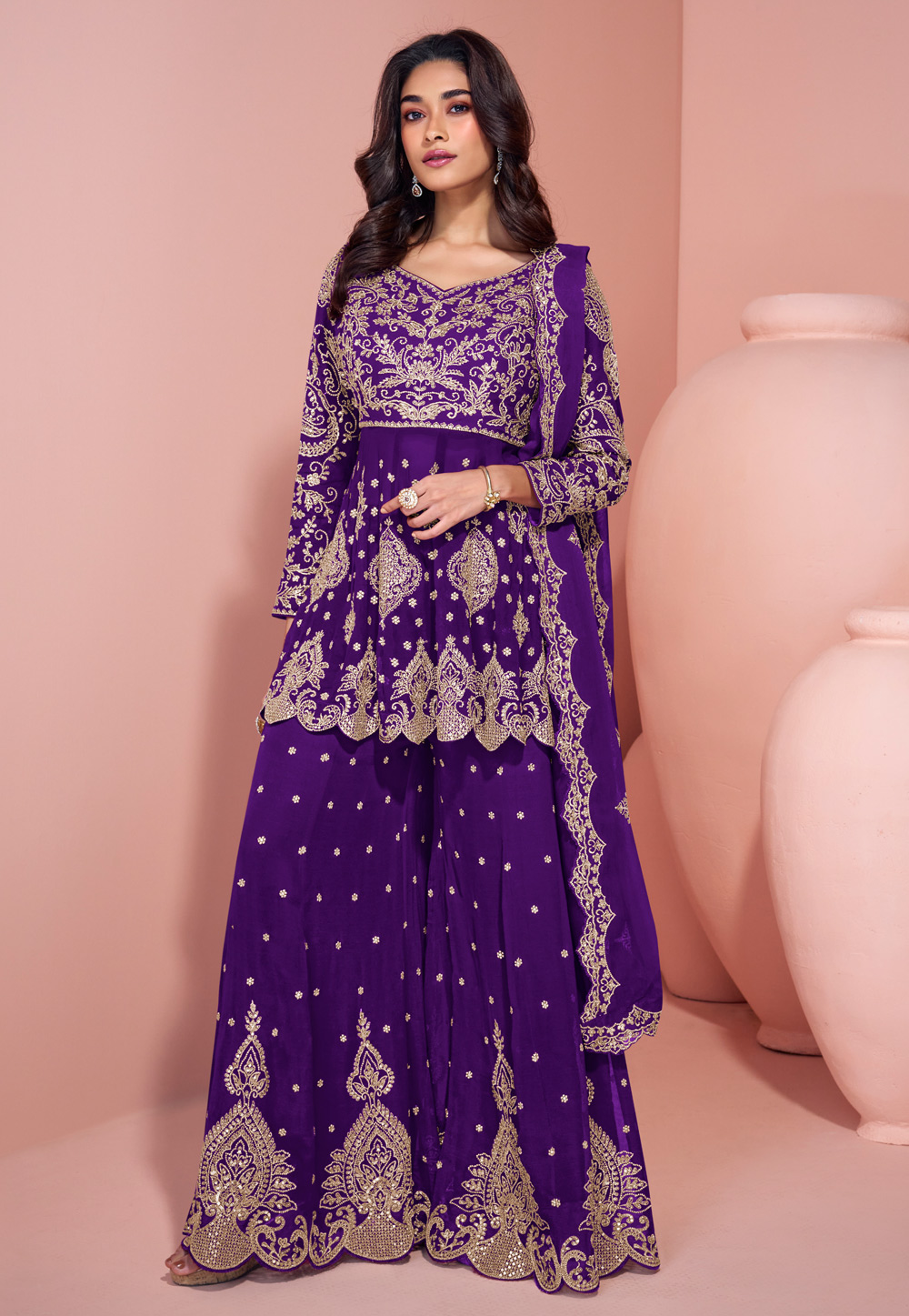 Violet Georgette Embroidered Pakistani Suit 305501