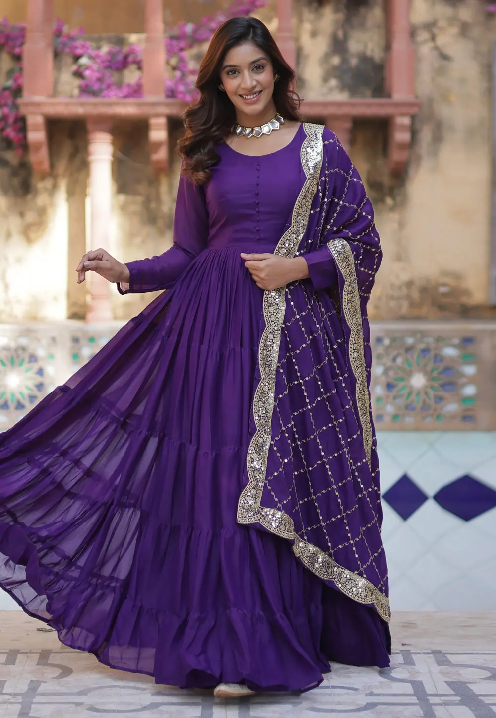 Violet Georgette Readymade Anarkali Suit 303521