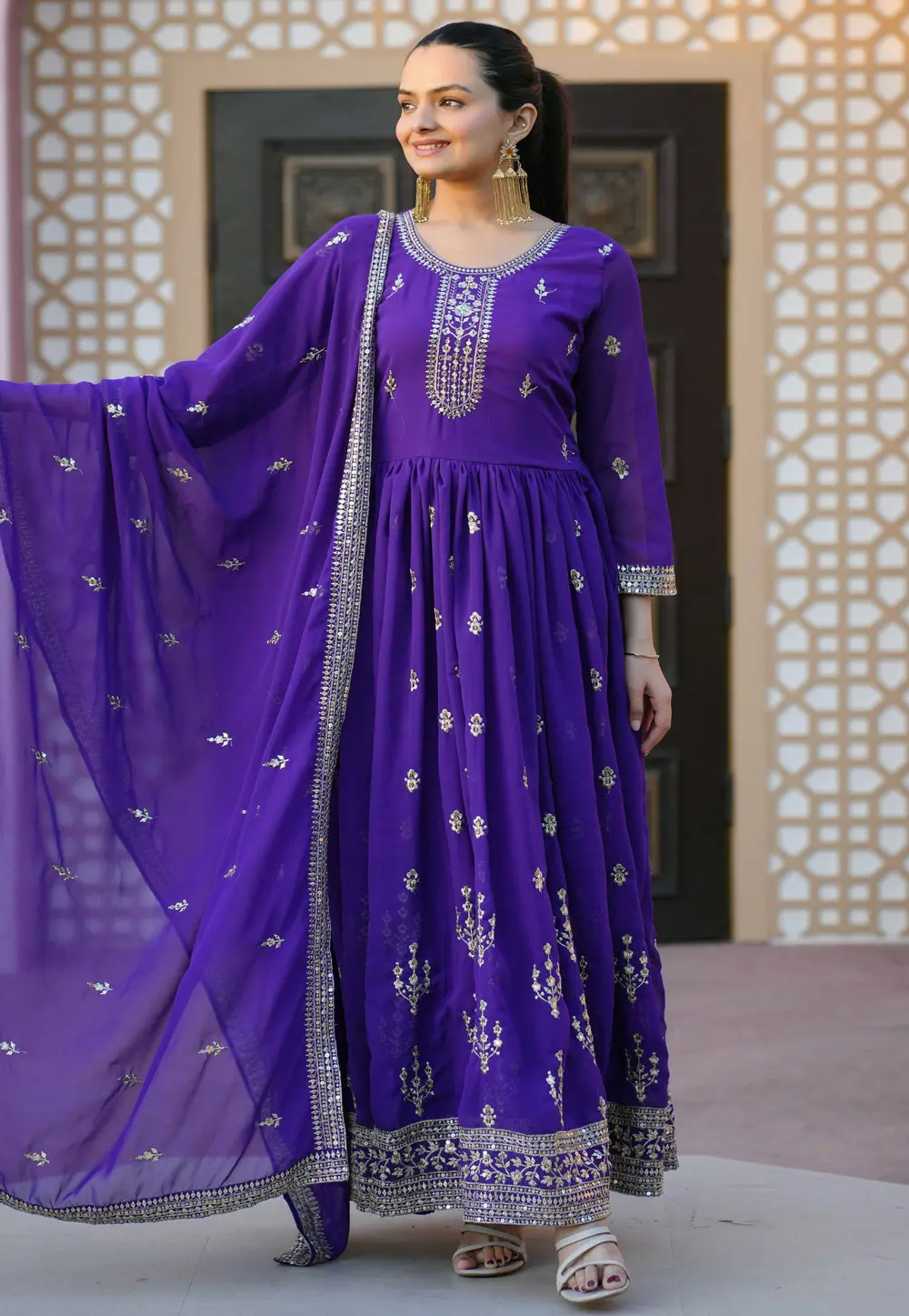 Violet Georgette Readymade Anarkali Suit 303378