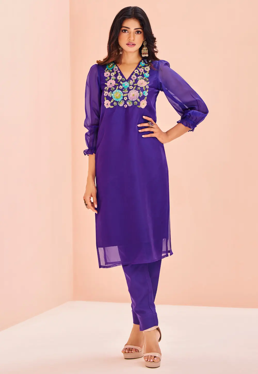 Violet Organza Kurta Set With Pent 298462