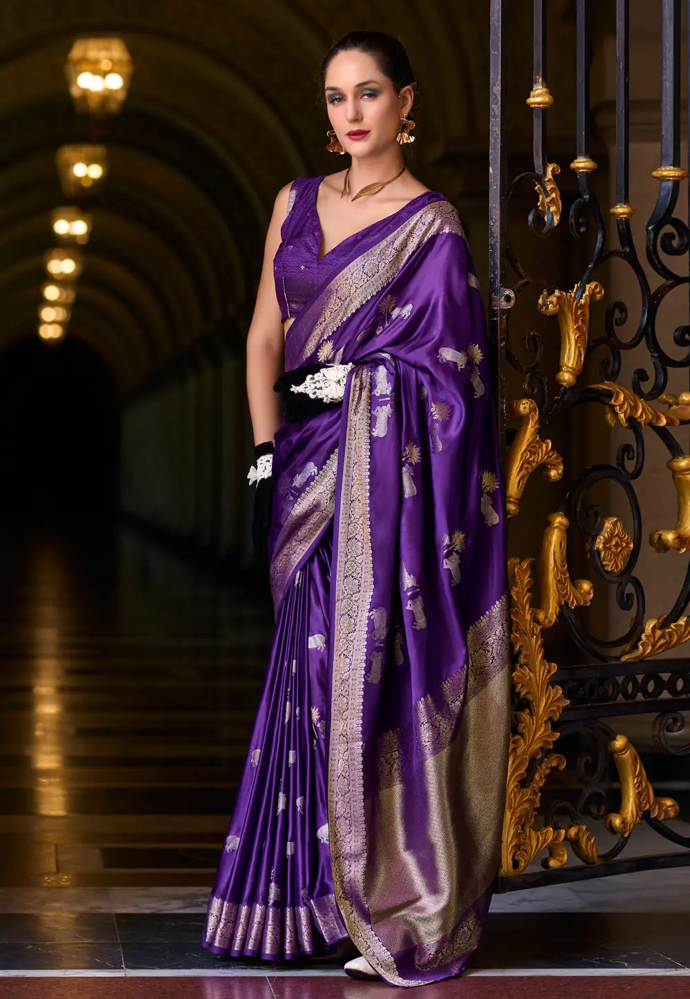 Violet Satin Silk Saree With Blouse 296538