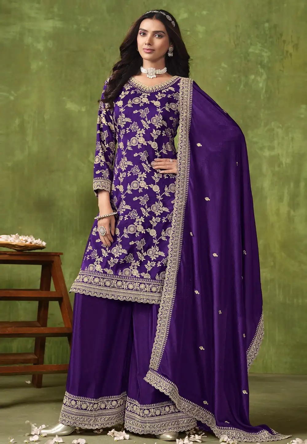 Violet Silk Jacquard Pakistani Suit 291667