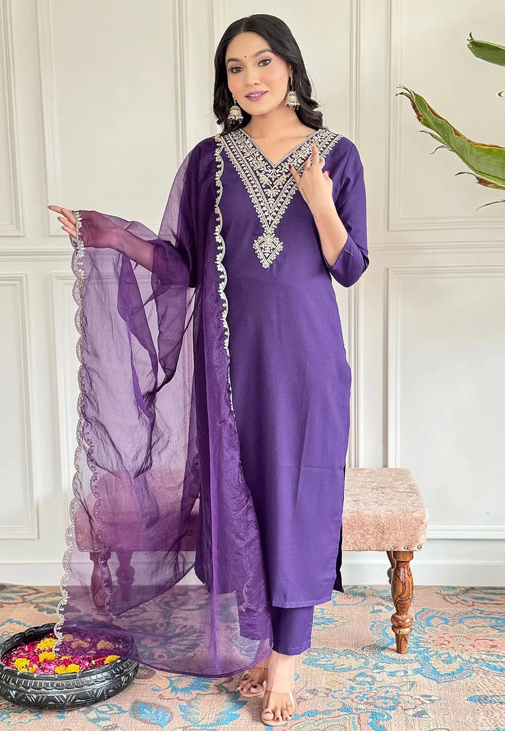 Violet Viscose Rayon Readymade Pakistani Suit 300527