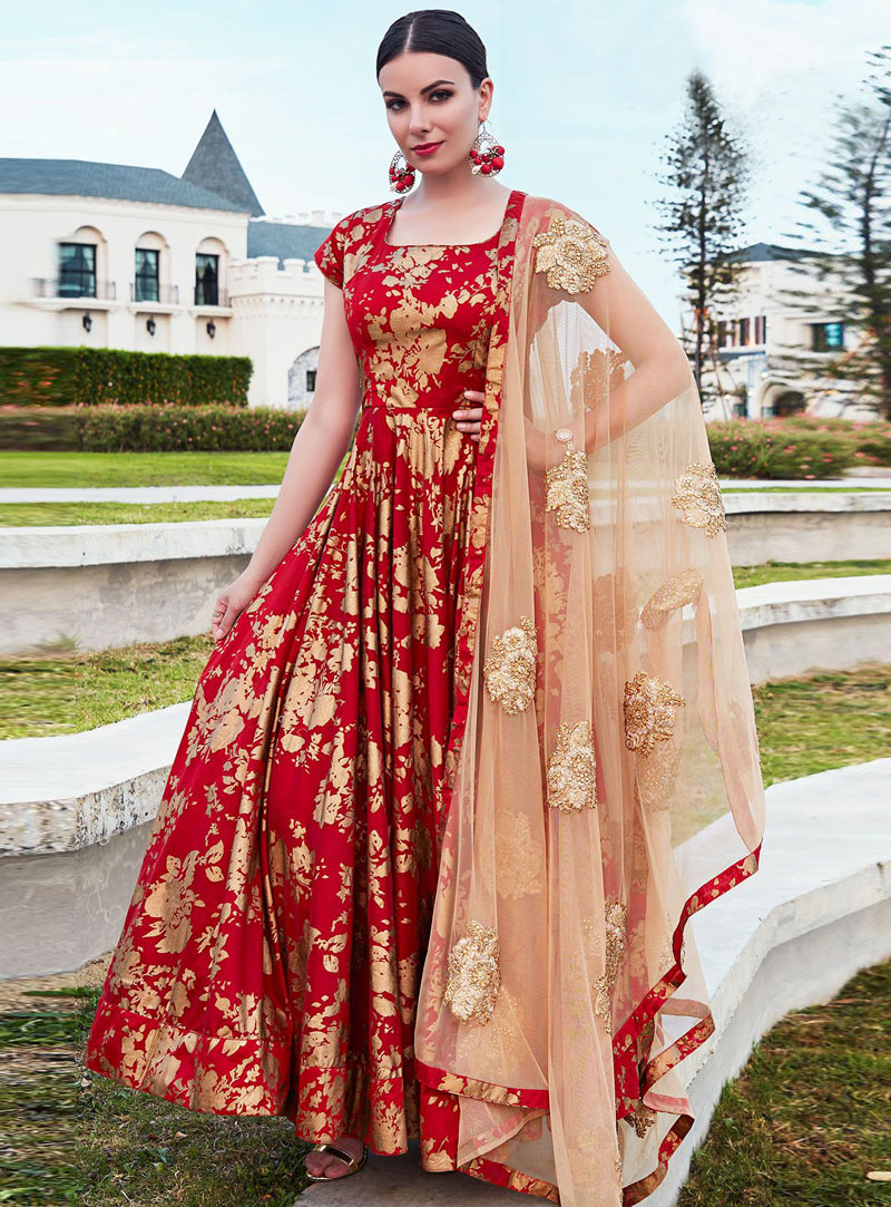 Red Taffeta Silk Readymade Long Gown 140496