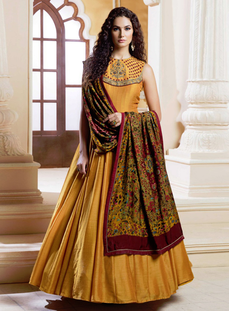 Mustard Banglori Silk Readymade Long Gown 149648