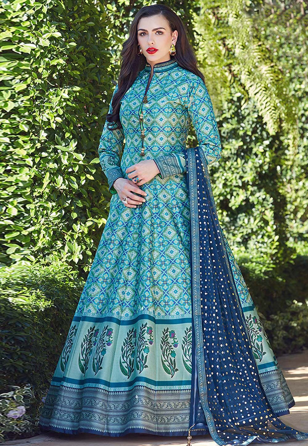 Blue Silk Printed Readymade Ankle Length Anarkali Suit 166384