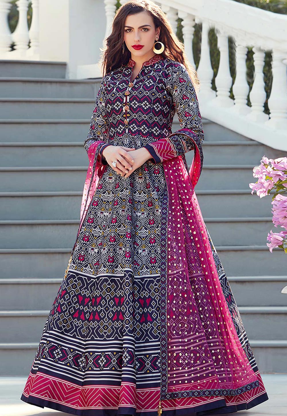 Navy Blue Silk Printed Readymade Ankle Length Anarkali Suit 166385