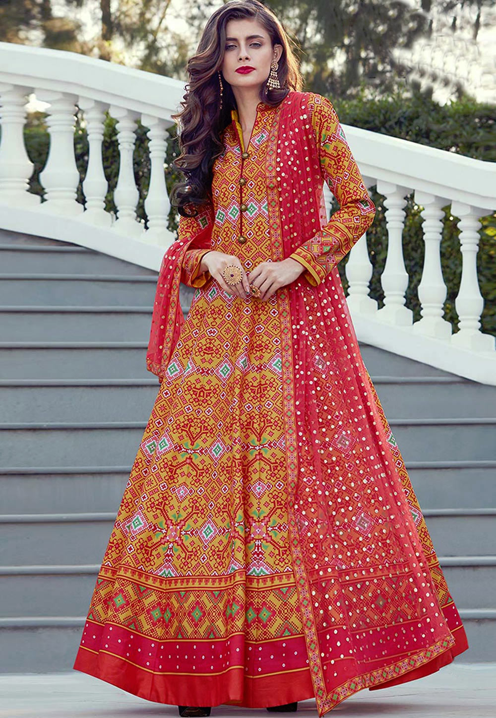 Orange Silk Printed Readymade Abaya Style Anarkali Suit 166387