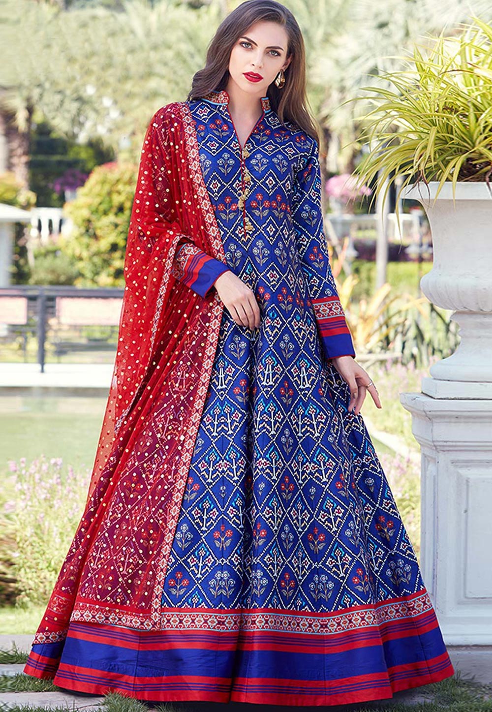 Blue Silk Printed Readymade Ankle Length Anarkali Suit 166389