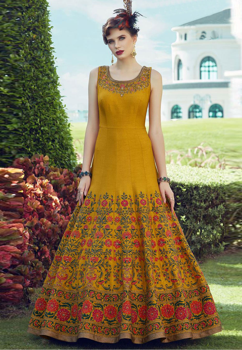 Mustard Banglori Silk Embroidered Readymade Ankle Length Anarkali Suit 166518