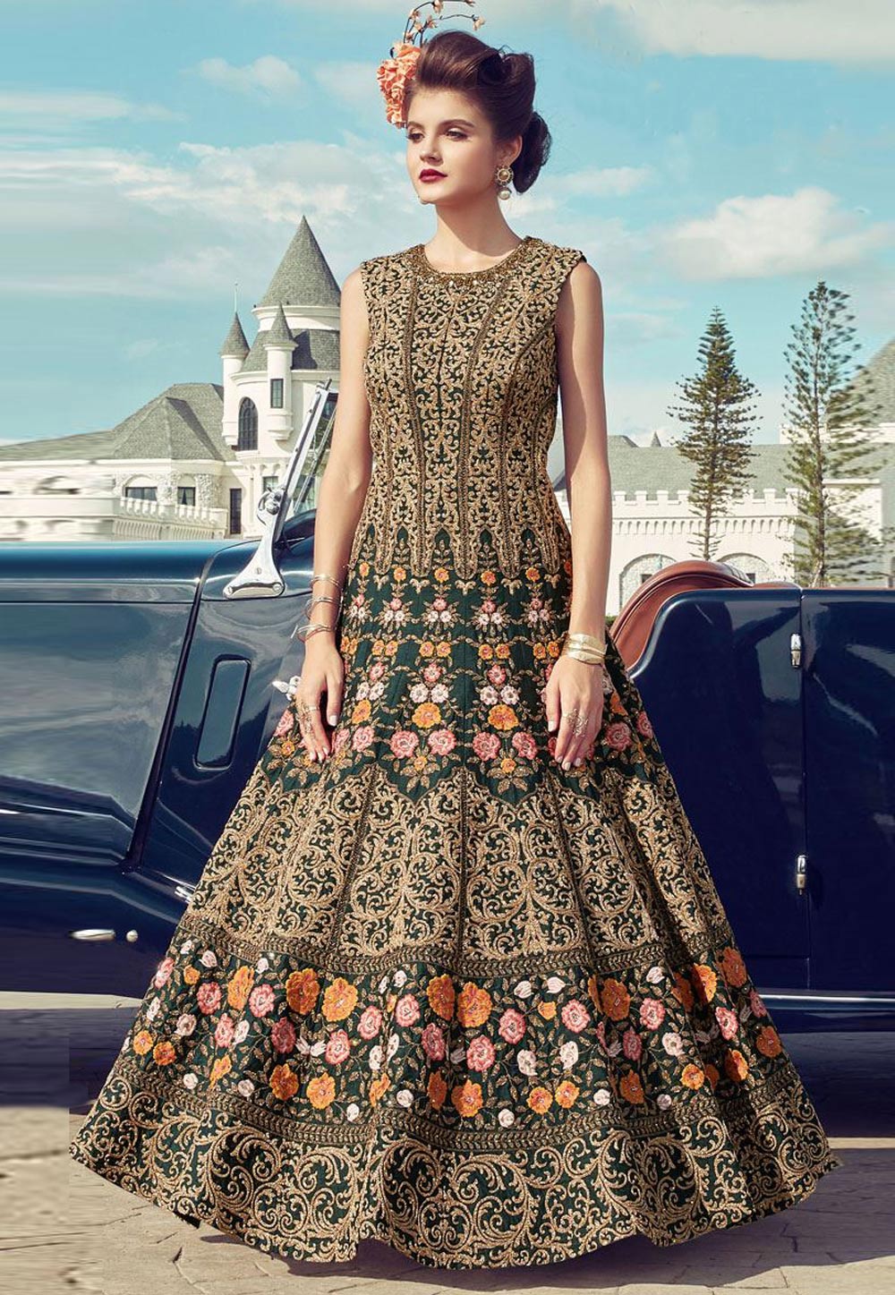 Green Banglori Silk Embroidered Readymade Abaya Style Anarkali Suit 166520