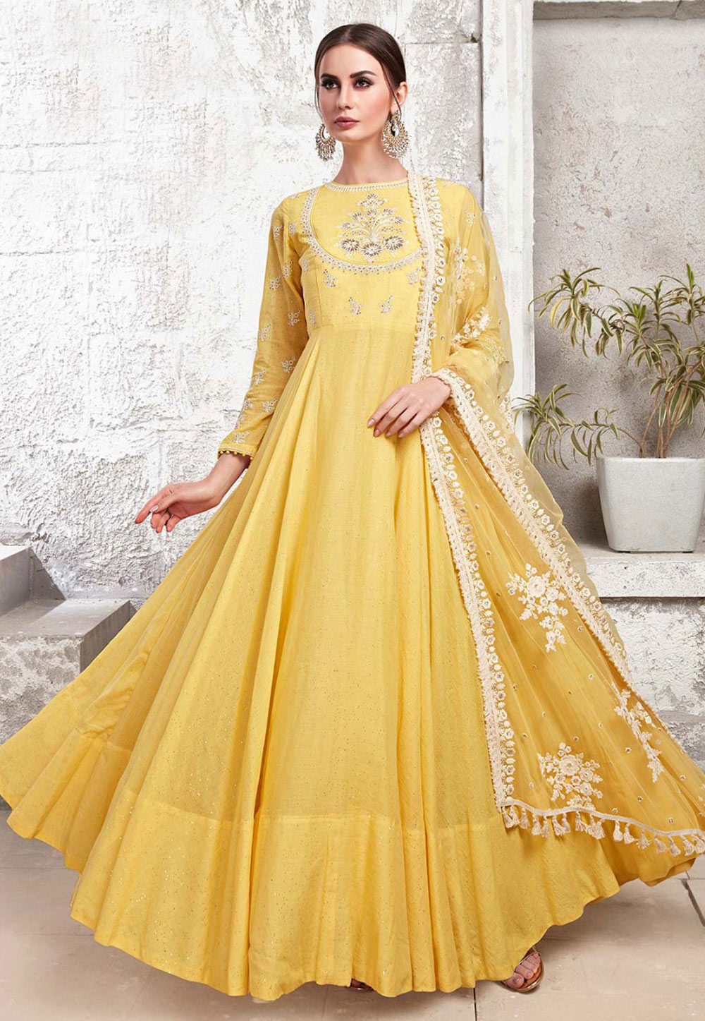 Yellow Cotton Readymade Abaya Style Anarkali Suit 179915