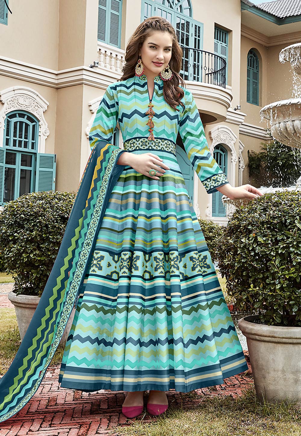 Sky Blue Silk Abaya Style Anarkali Suit 223255