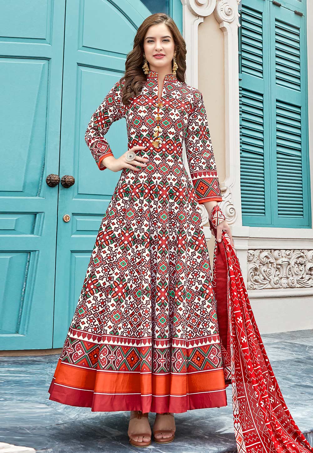 Red Silk Readymade Abaya Style Anarkali Suit 202707