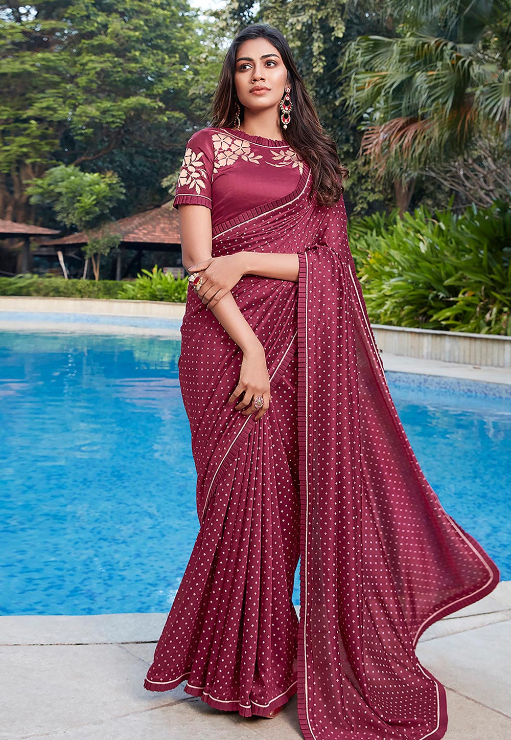Wine Cotton Saree With Blouse 209080