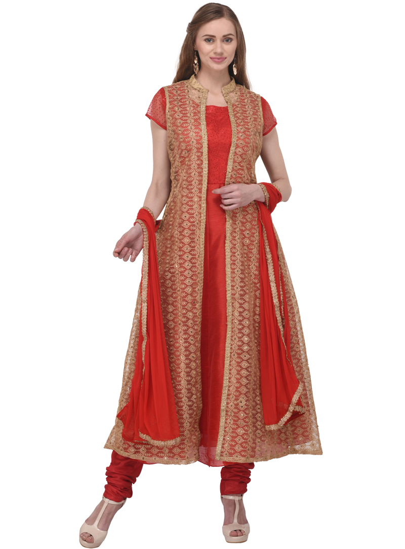 Red Bhagalpuri Readymade Anarkali Suit 120621