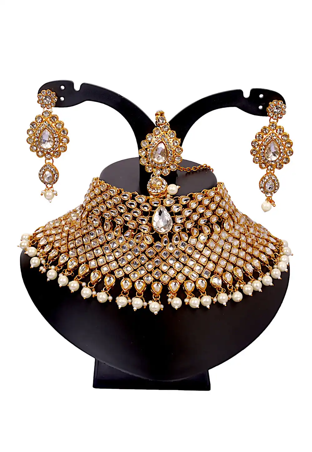 White Alloy Austrian Diamonds and Kundan Necklace Set With Earrings and Maang Tikka 292888