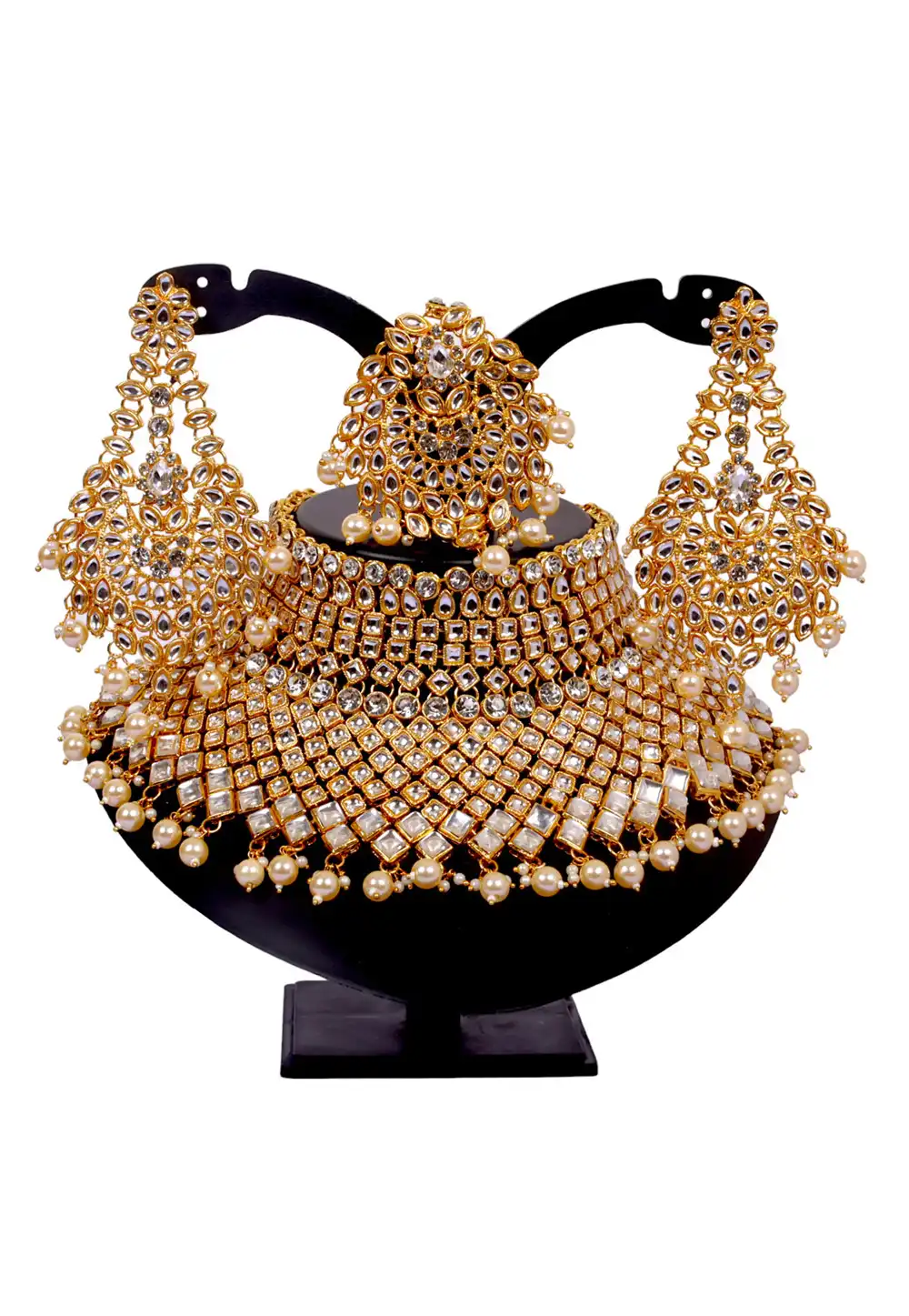 White Alloy Austrian Diamonds and Kundan Necklace Set With Earrings and Maang Tikka 292907