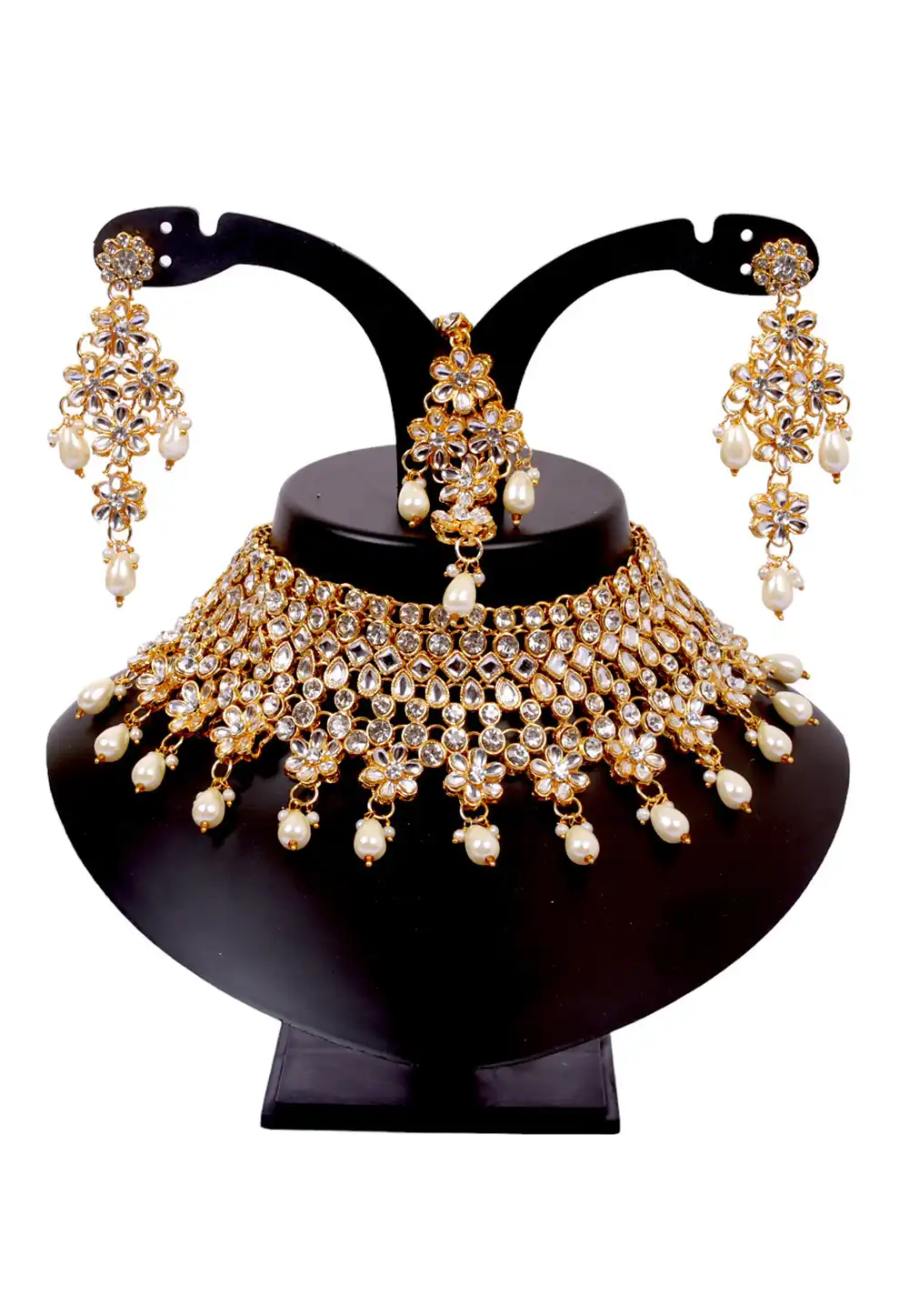 White Alloy Austrian Diamonds and Kundan Necklace Set With Earrings and Maang Tikka 292911