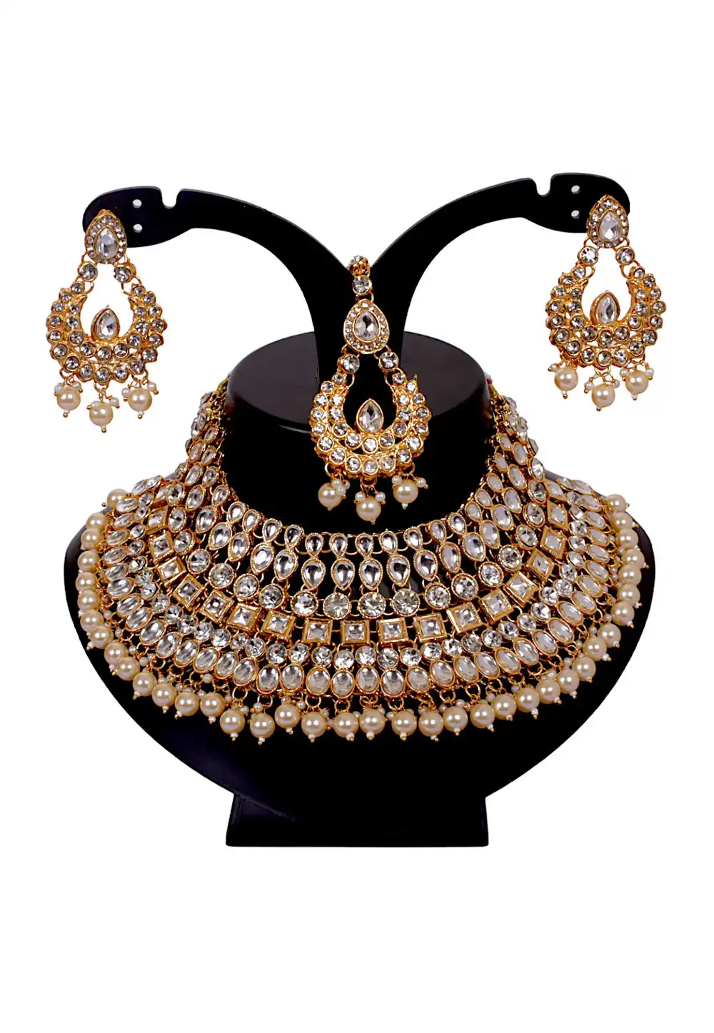 White Alloy Austrian Diamonds and Kundan Necklace Set With Earrings and Maang Tikka 292951