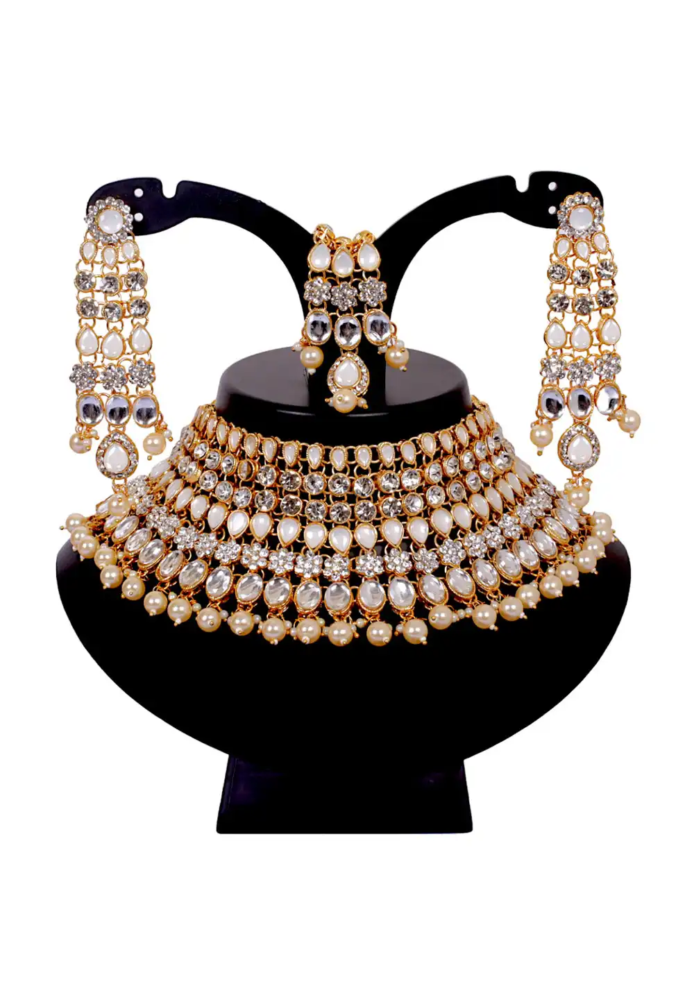 White Alloy Austrian Diamonds and Kundan Necklace Set With Earrings and Maang Tikka 292953