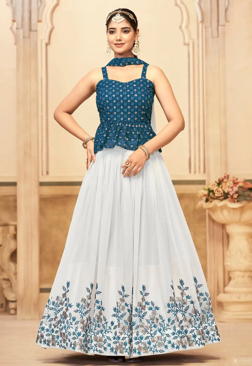 White And Blue Georgette Long Choli Lehenga 291174