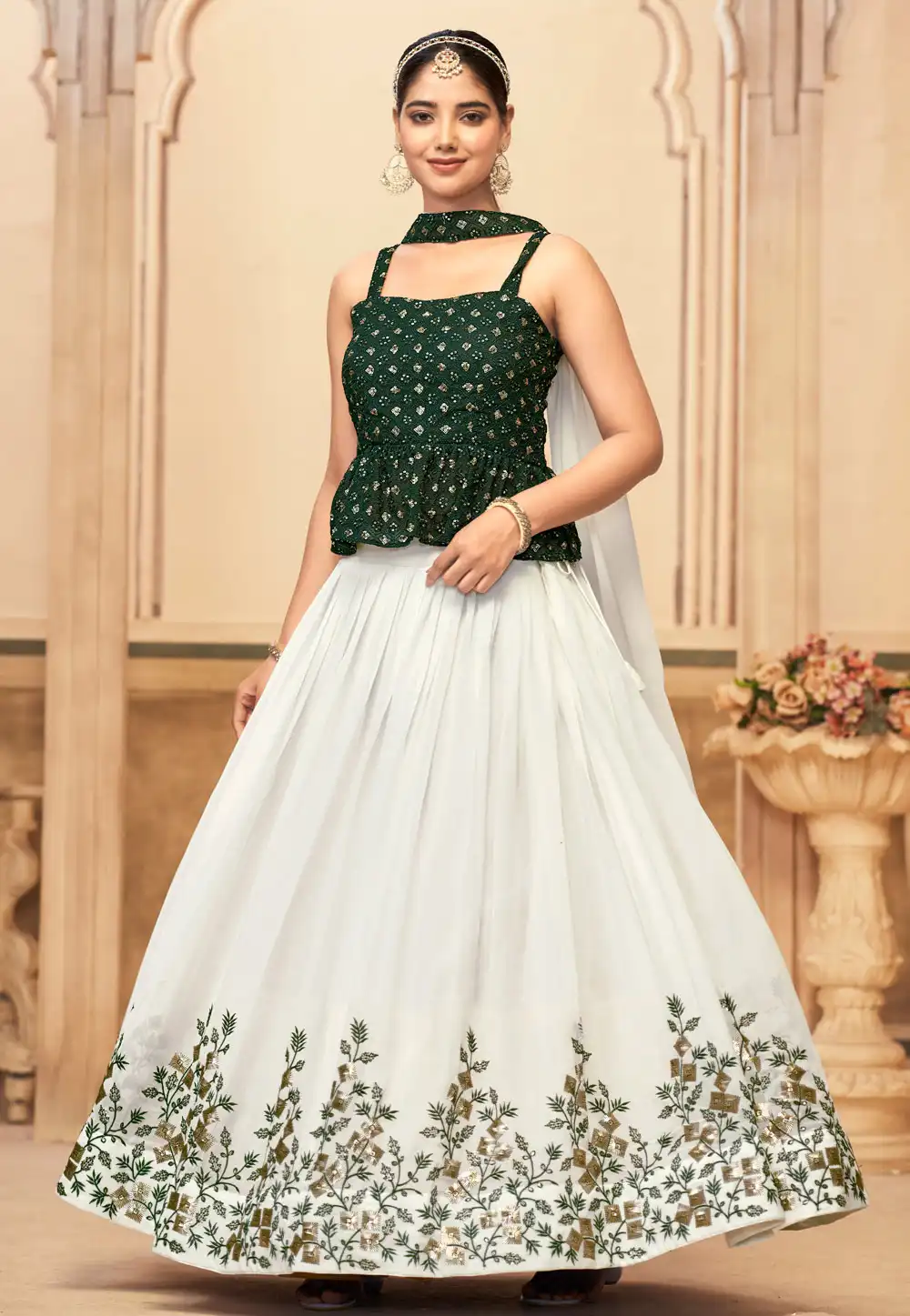 White And Green Georgette Long Choli Lehenga 291176