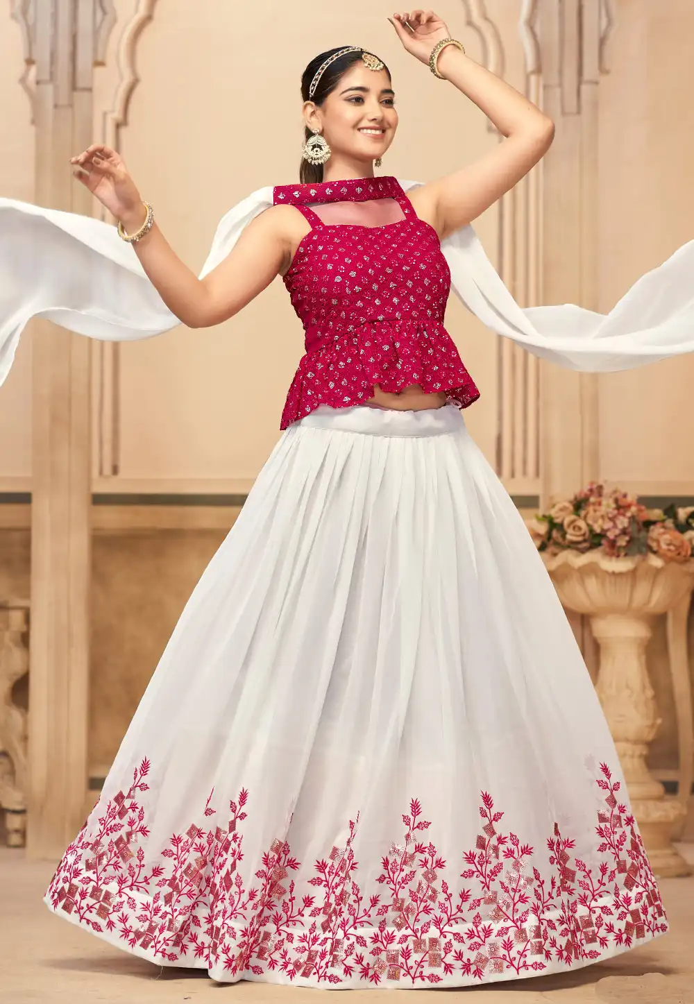 White And Magenta Georgette Long Choli Lehenga 291175