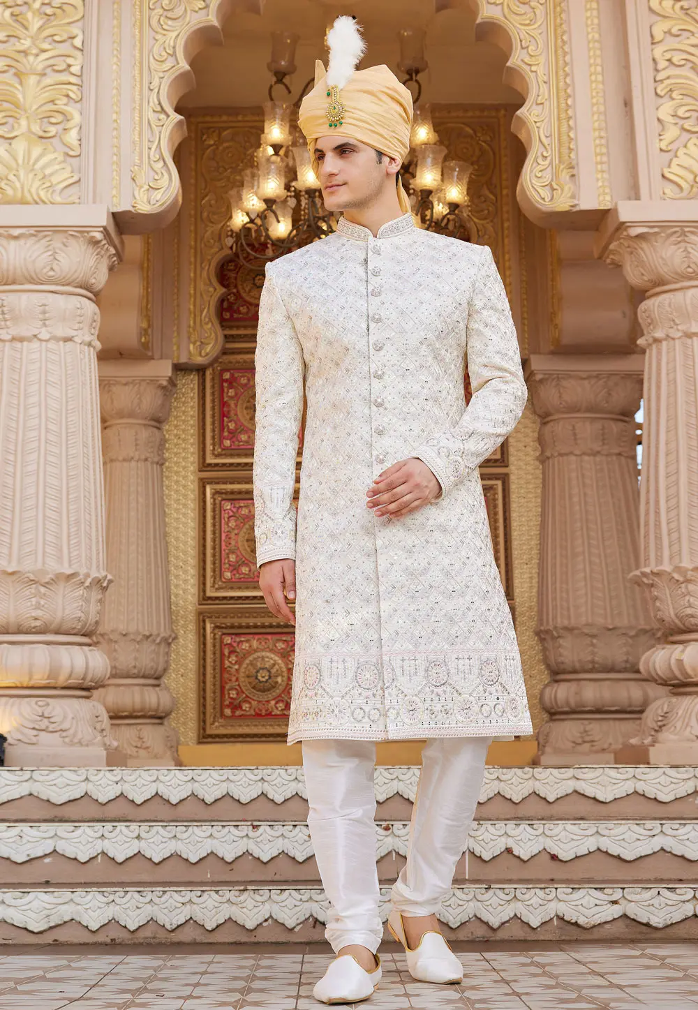 White Art Silk Achkan Style Sherwani 304320