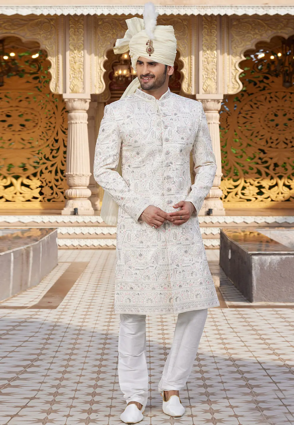 White Art Silk Achkan Style Sherwani 304321