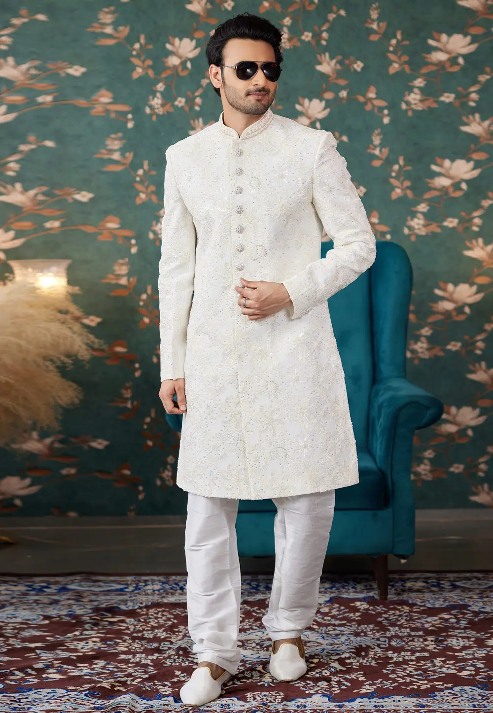 White Art Silk Achkan Style Sherwani 299195