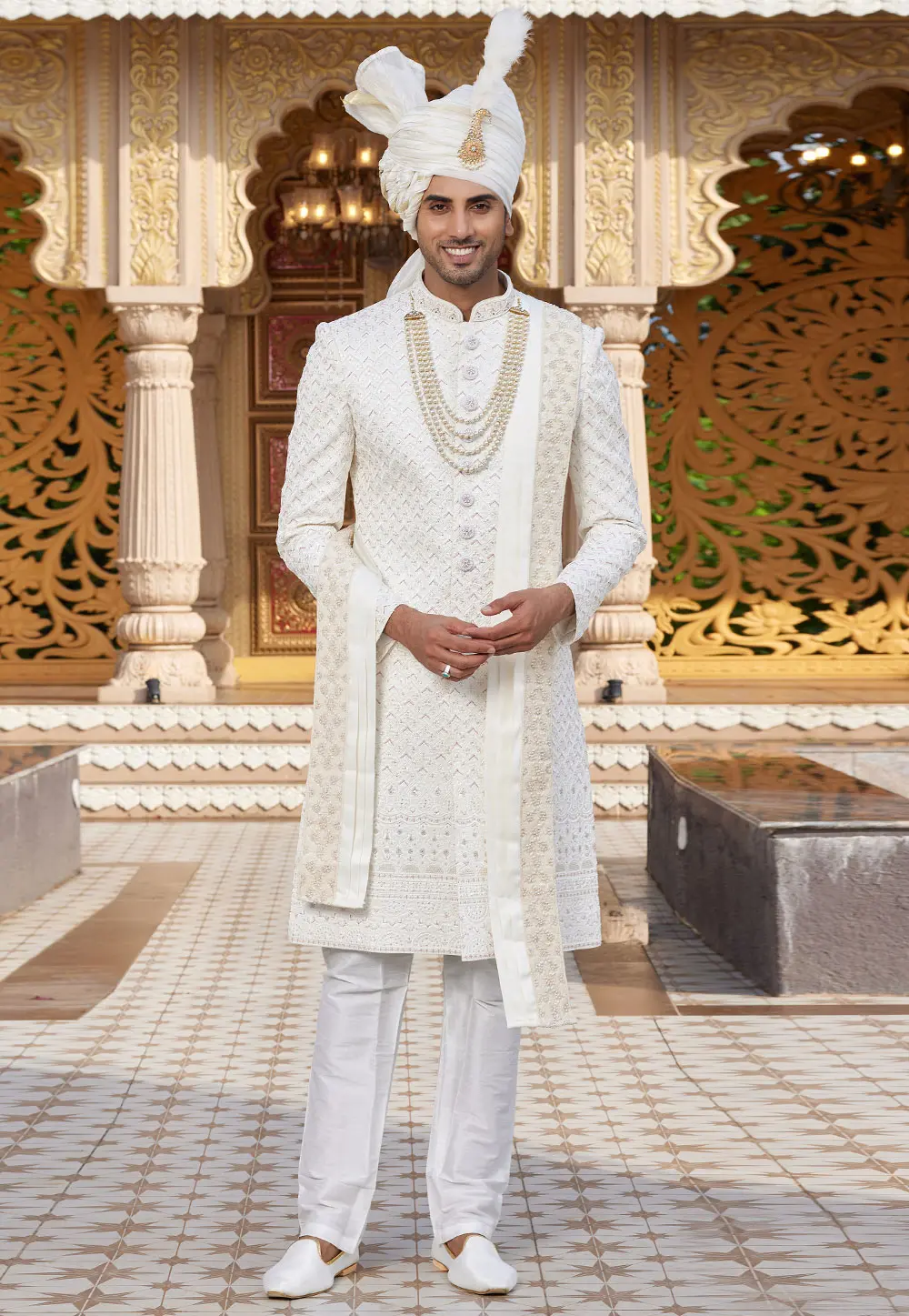 White Art Silk Achkan Style Sherwani With Stole 304317