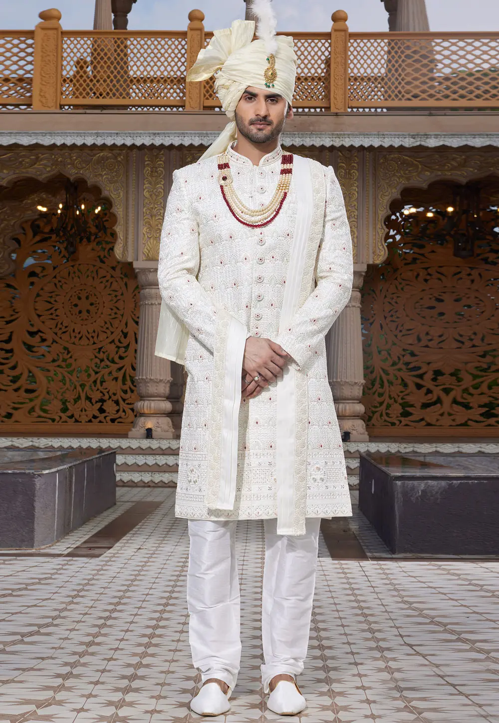 White Art Silk Achkan Style Sherwani With Stole 304319