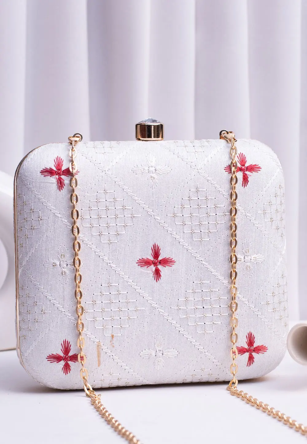 White Art Silk Clutch 303749