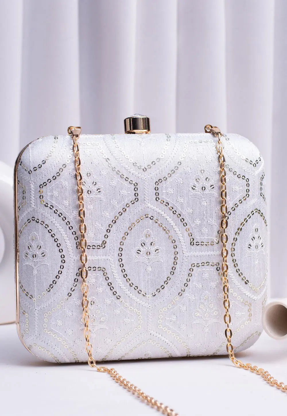 White Art Silk Clutch 303763