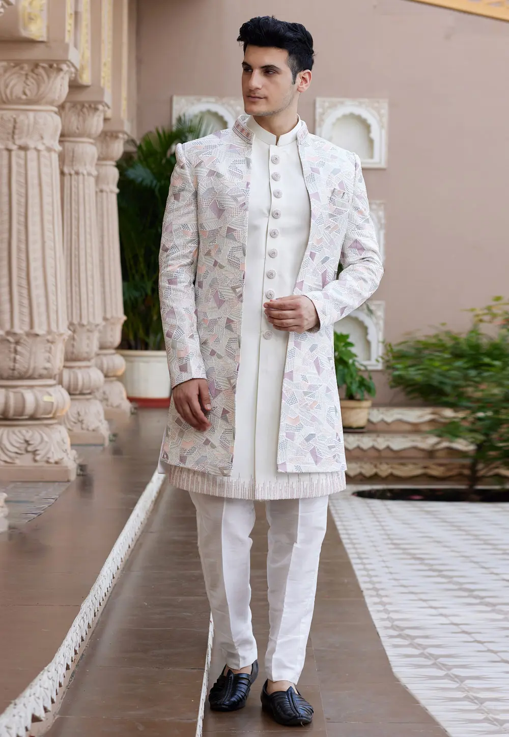 White Art Silk Jacket Style Sherwani 304337