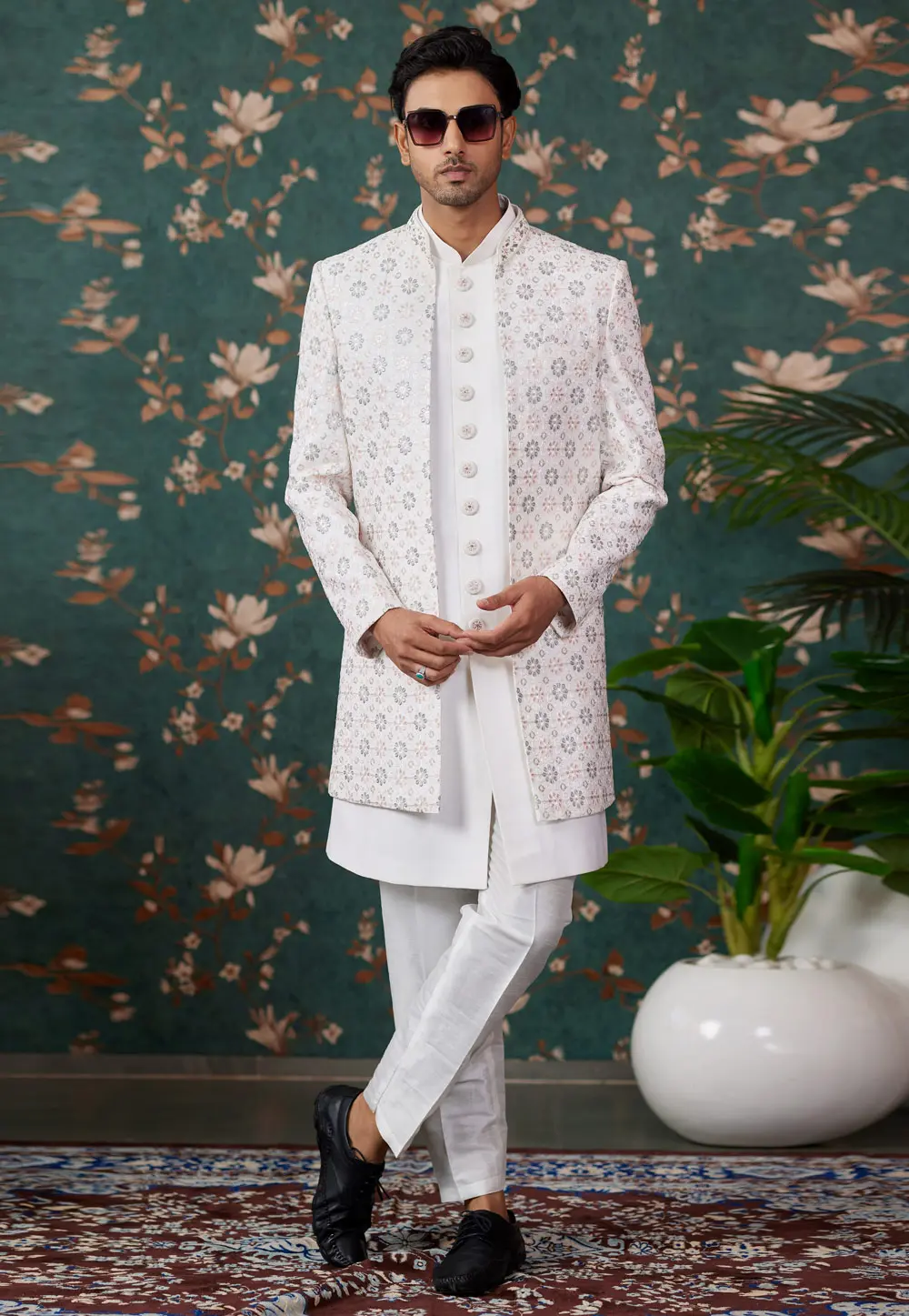 White Art Silk Jacket Style Sherwani 299210