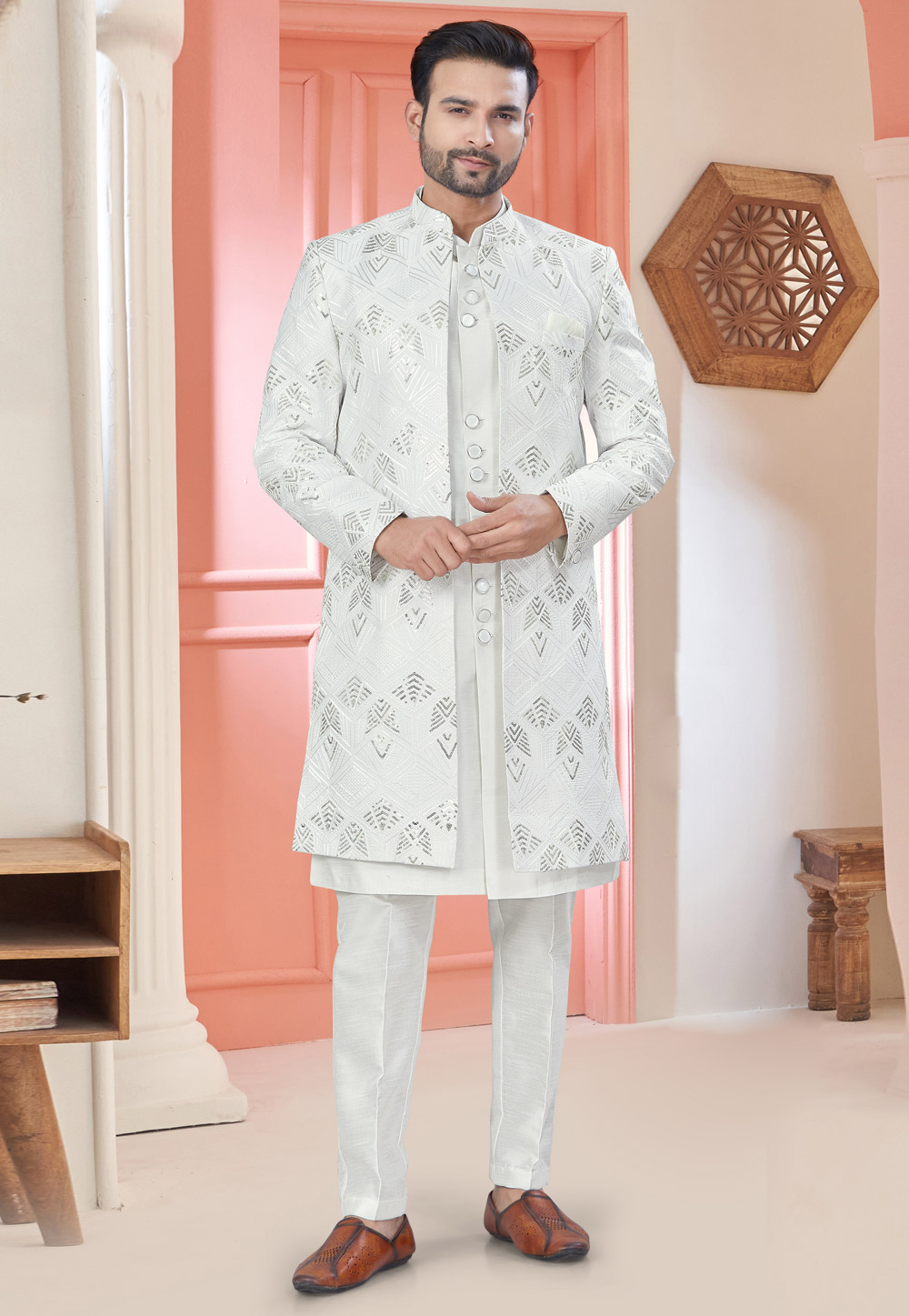 White Art Silk Jacket Style Sherwani 304928