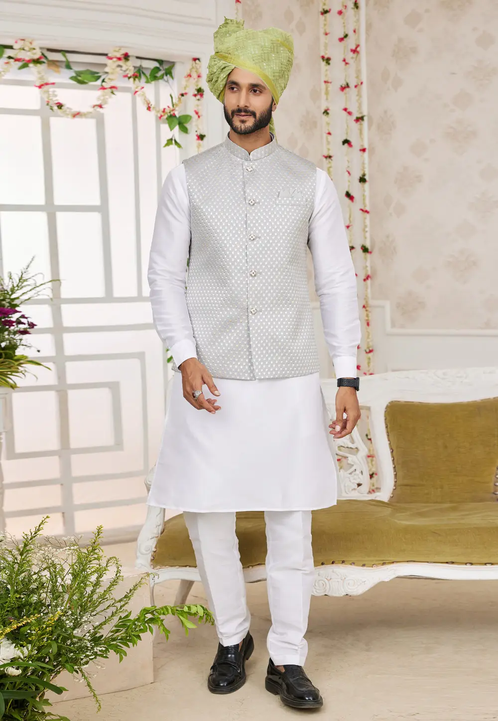 White Art Silk Kurta Pajama With Jacket 295258